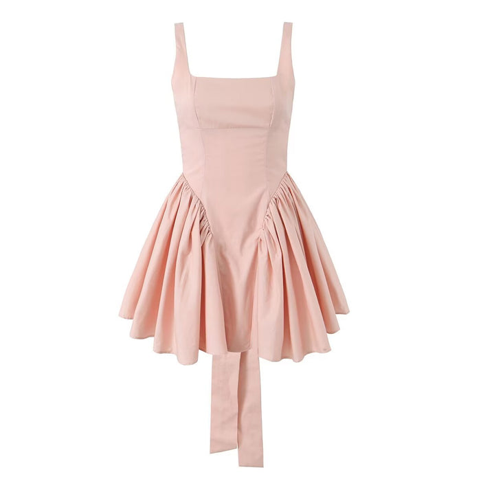 French Sweet Solid Color Bow Decoration Dress Autumn High Waist Short Hem Crumpled A Line Slip Dress