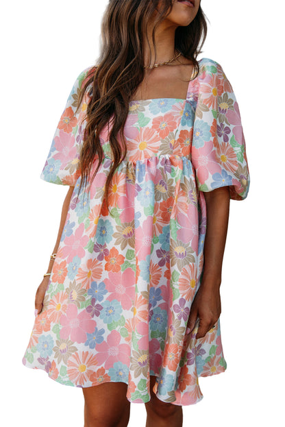 Rose Summer Floral Square Neck Puff Sleeve Babydoll Dress