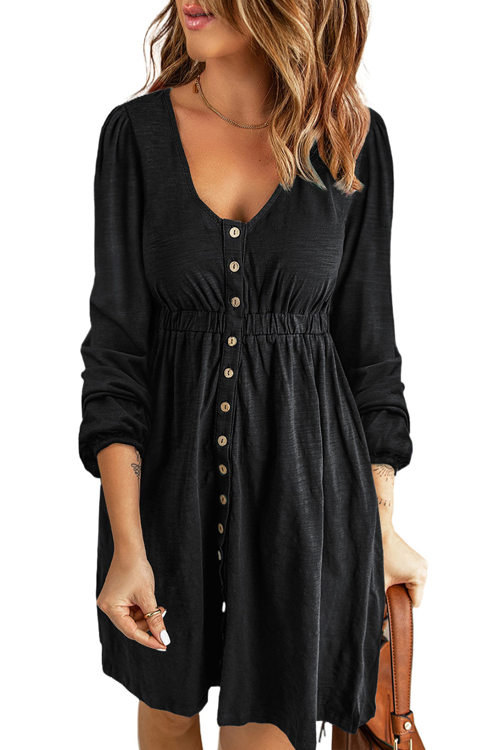 Khaki Button Up High Waist Long Sleeve Dress