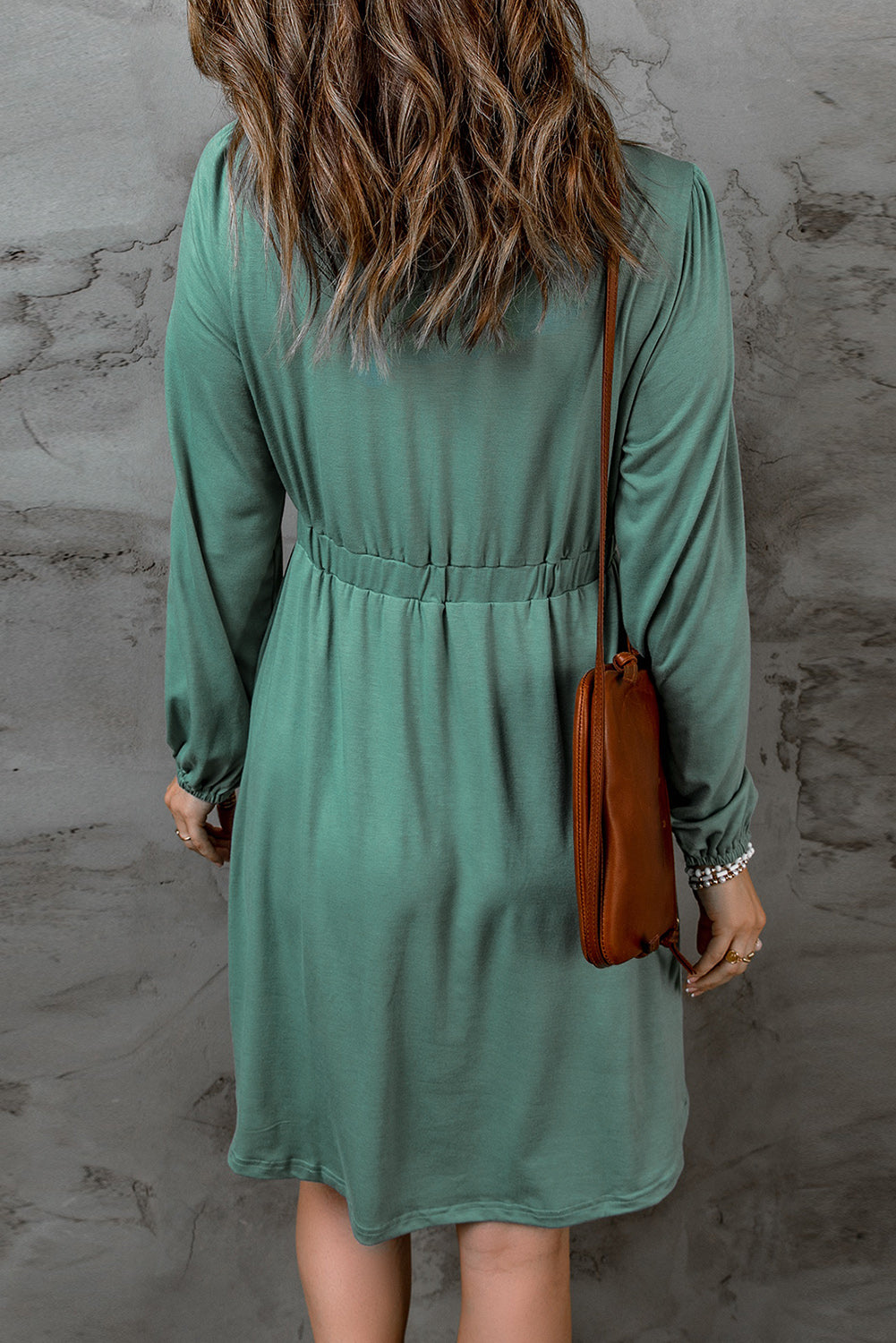 Khaki Button Up High Waist Long Sleeve Dress