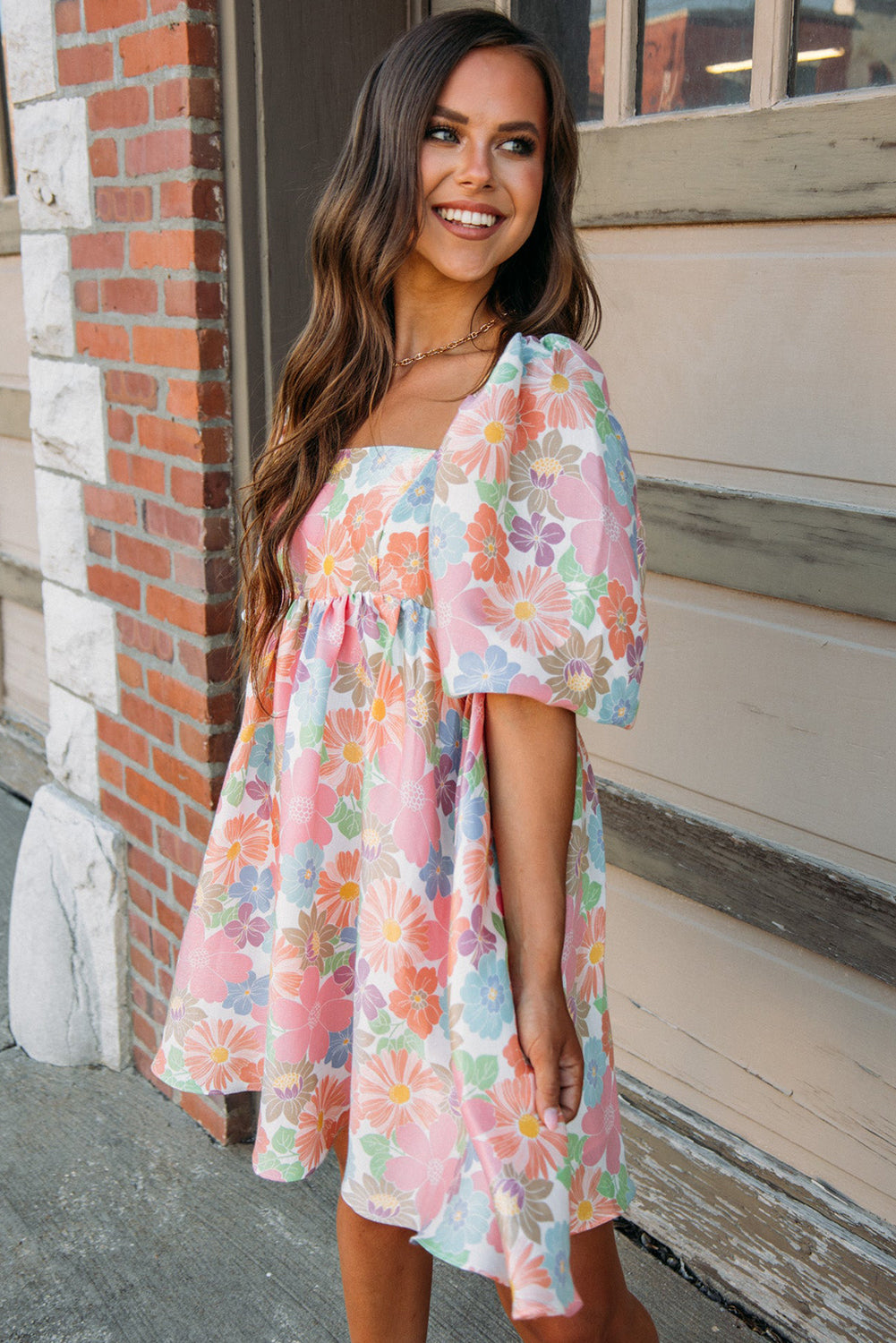 Rose Summer Floral Square Neck Puff Sleeve Babydoll Dress