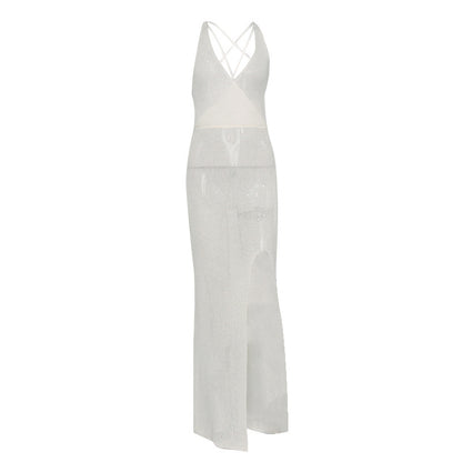 Summer V-neck Backless Lace-up See-through Crochet Beach Vest Maxi Dress Dress