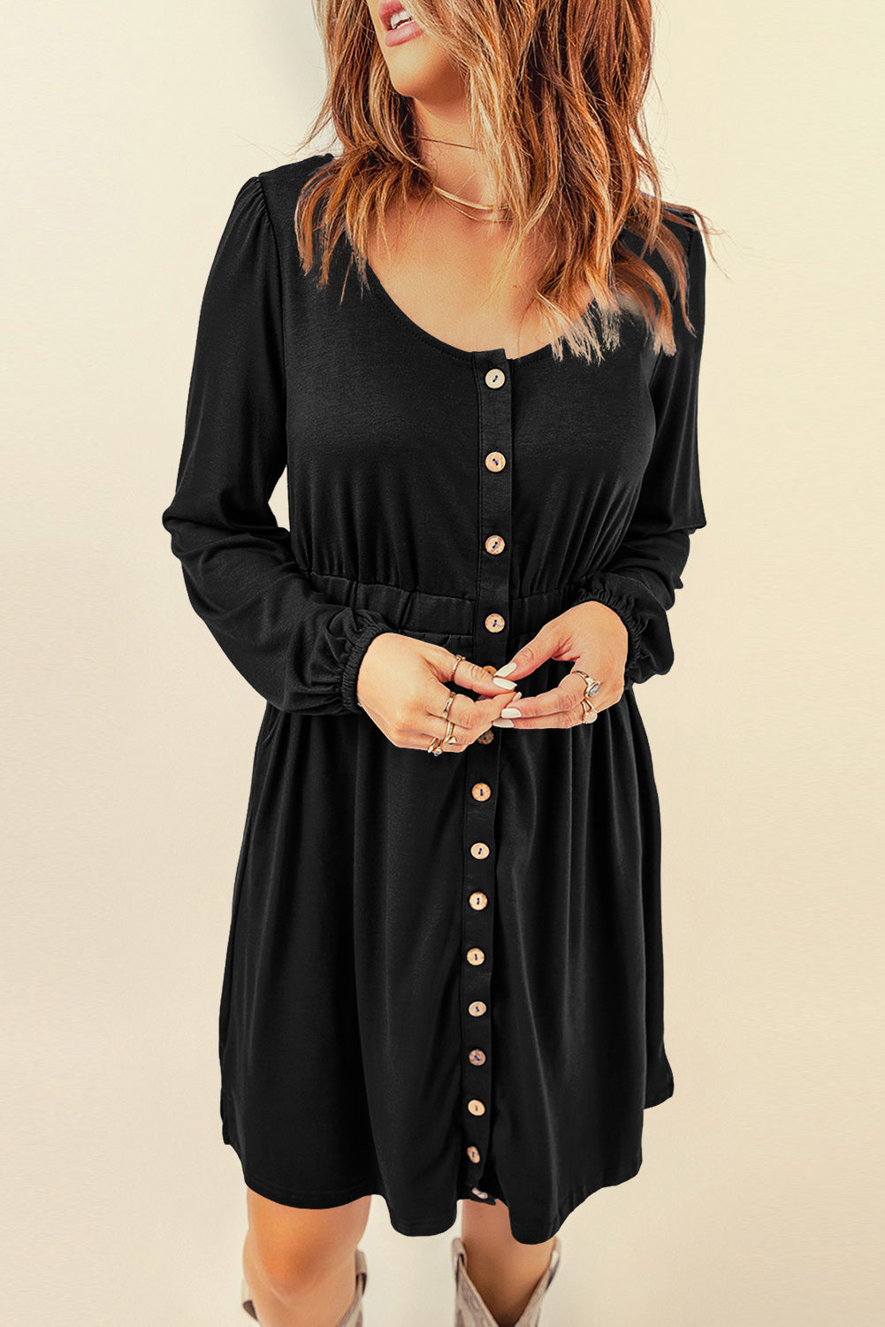 Khaki Button Up High Waist Long Sleeve Dress