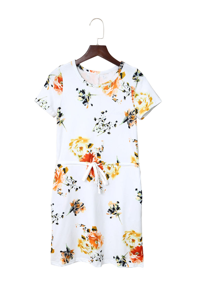 Short Sleeve Pocketed Drawstring Casual Floral Dress