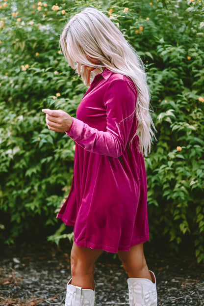 Fiery Red Long Sleeve Ruffle Velvet Button Up Dress