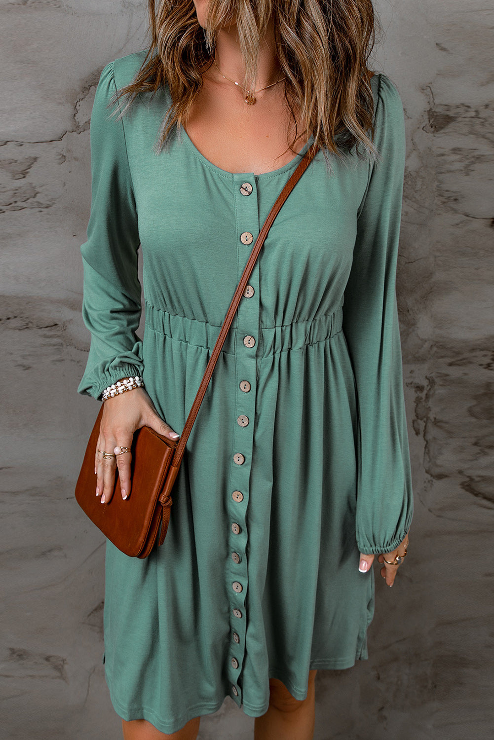 Khaki Button Up High Waist Long Sleeve Dress