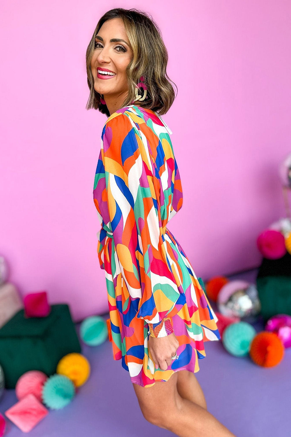 Multicolor Abstract Printed Belted Puff Sleeve Mini Dress