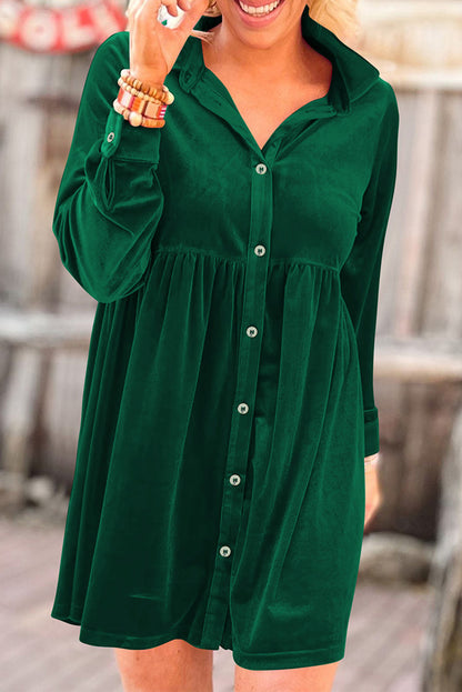 Fiery Red Long Sleeve Ruffle Velvet Button Up Dress