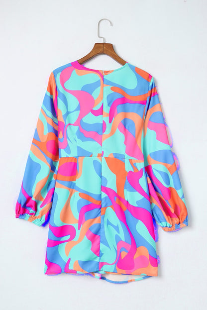 Multicolor Abstract Print Wrap V Neck Puff Sleeve Dress