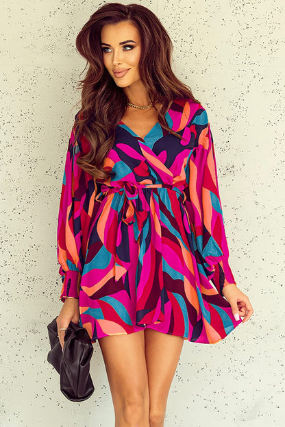 Multicolor Abstract Printed Belted Puff Sleeve Mini Dress