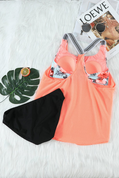 Orange Printed Splicing Racerback Tankini