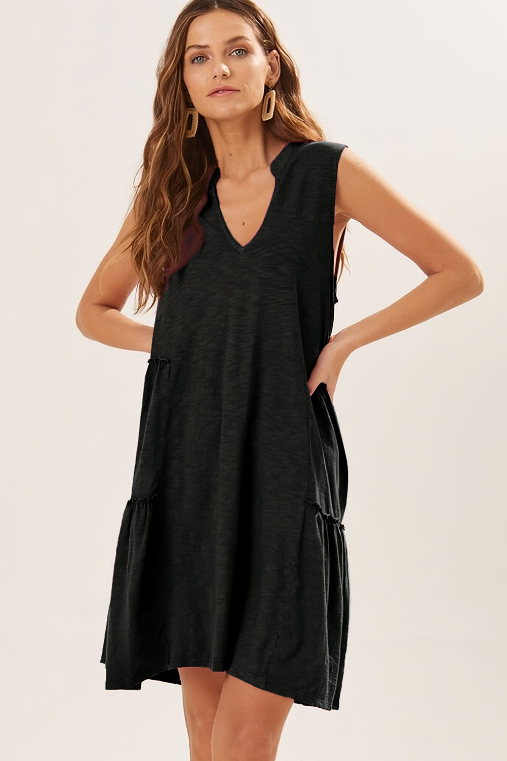 Moonlight Jade Split V Neck Tiered Flowy Sleeveless Dress