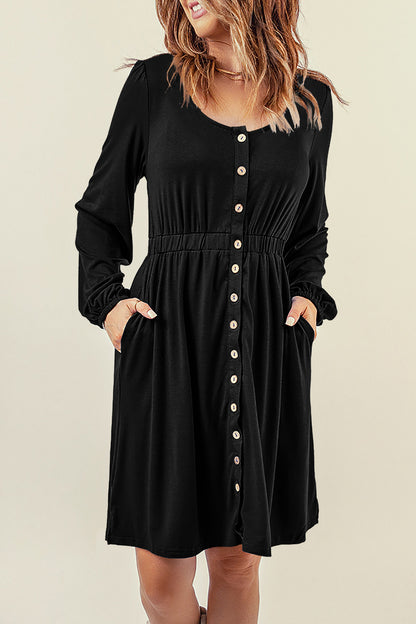 Khaki Button Up High Waist Long Sleeve Dress