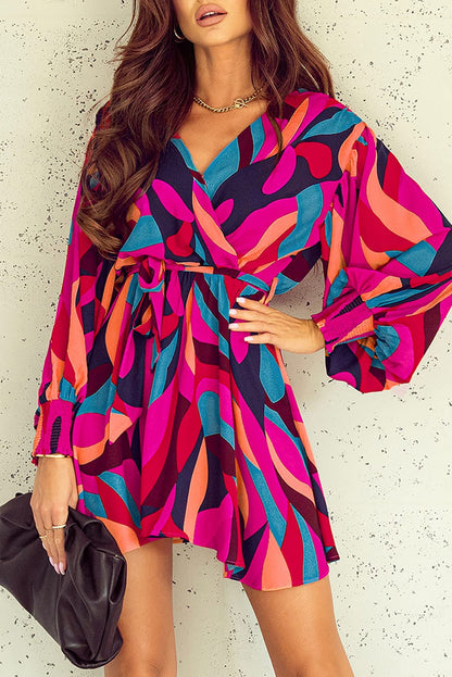 Multicolor Abstract Printed Belted Puff Sleeve Mini Dress