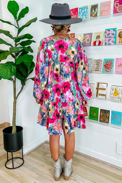 Multicolour Floral Tie Neck Bubble Sleeve Shift Dress