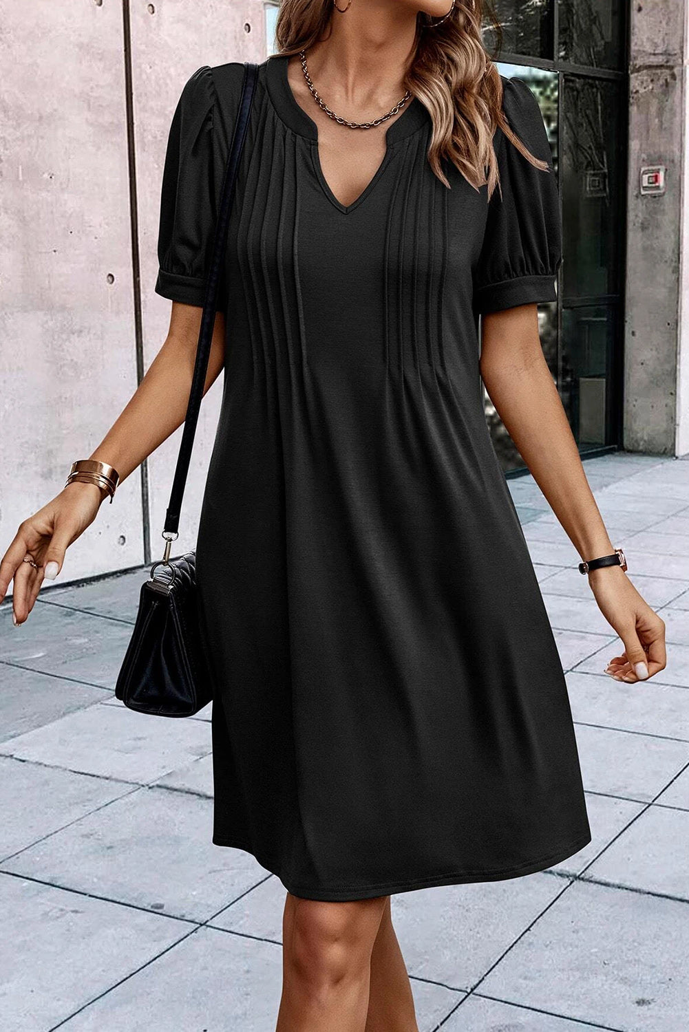 Fern Green Notched Neck Pleated Puff Sleeve Shift T-shirt Dress