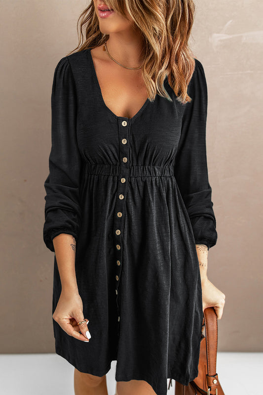 Khaki Button Up High Waist Long Sleeve Dress