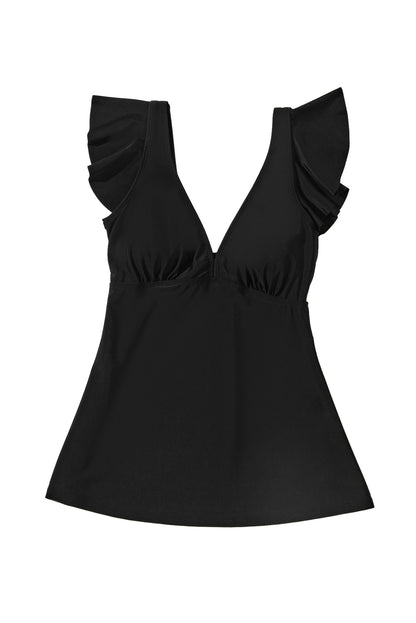 Black Sexy V Neck Ruffle Sleeve Tankini Top