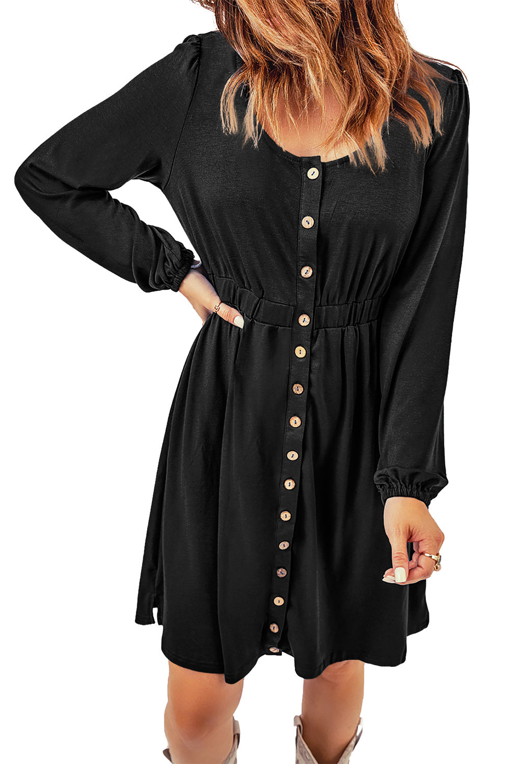 Khaki Button Up High Waist Long Sleeve Dress