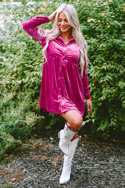 Fiery Red Long Sleeve Ruffle Velvet Button Up Dress