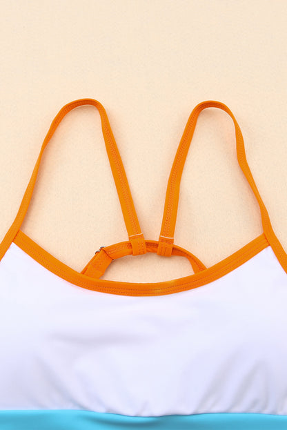 Orange Color Block Spaghetti Strap High Waist Bikini Swimsuit