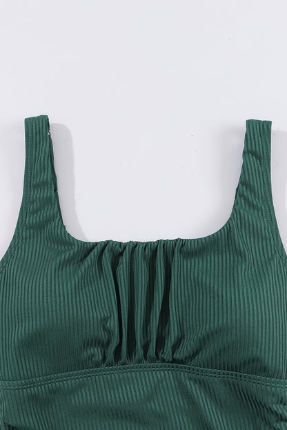 Blackish Green Ruched U Neck Ribbed Tankini