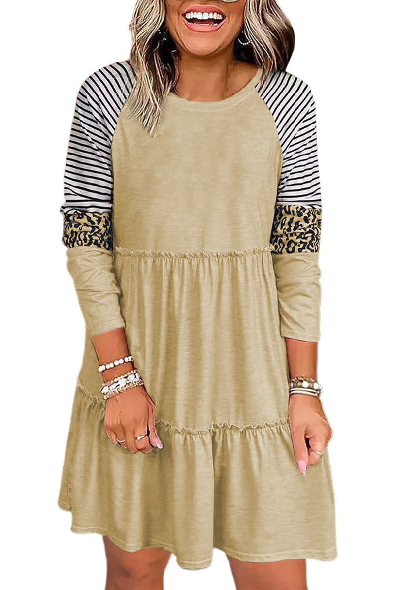 Khaki Striped Leopard Patchwork Long Sleeve Mini Dress
