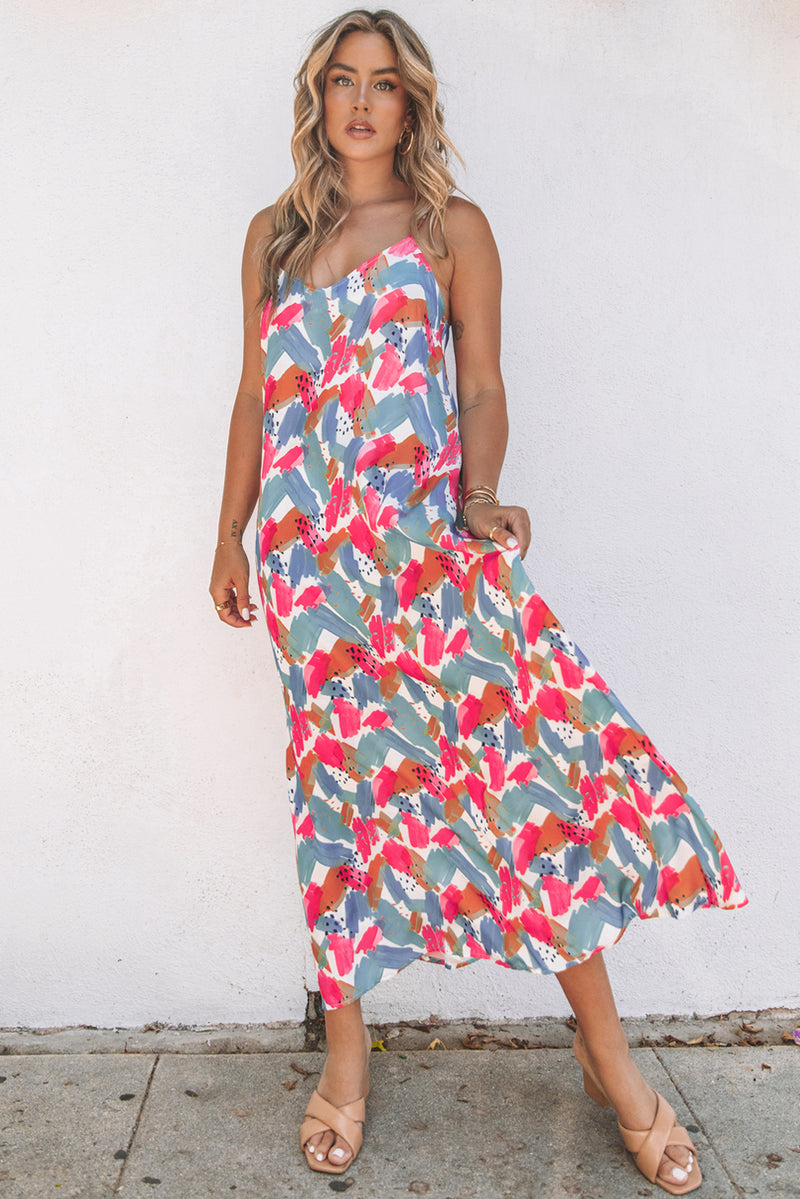 Multicolor Abstract Print Spaghetti Straps Maxi Dress