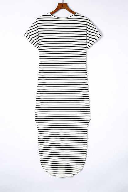 Black Striped Print Side Split Short Sleeve V Neck Maxi Dress