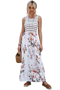 Striped Floral Print Sleeveless Maxi Dress with Pocket