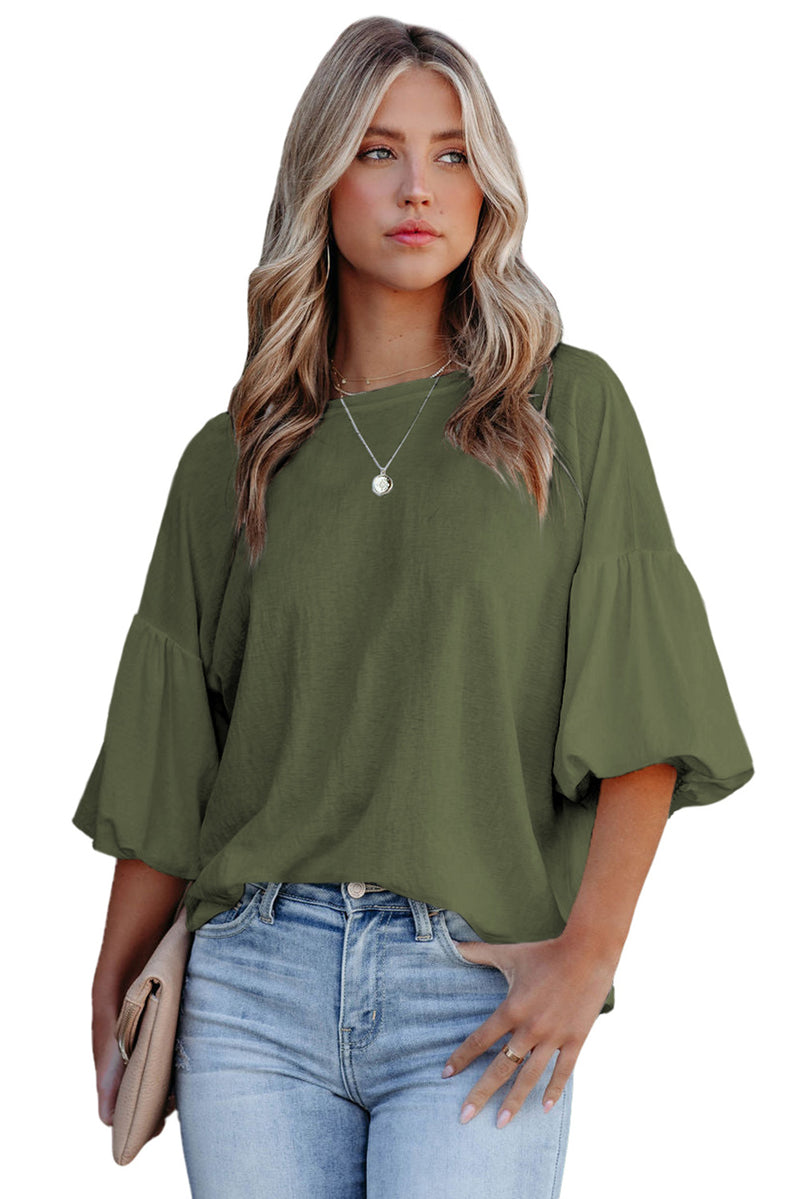 White Joint Bubble Sleeve Round Neck Blouse