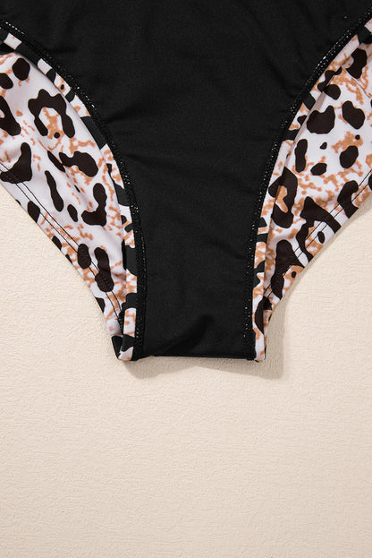 Black Crossed Tie Back Leopard Bikini Swimsuit