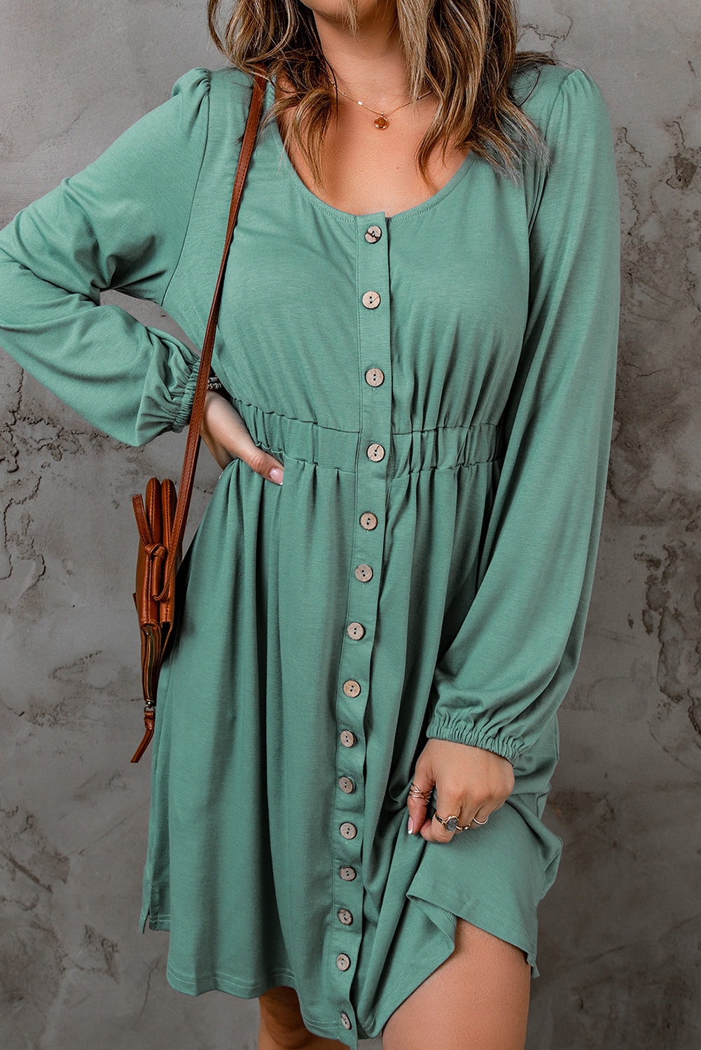 Khaki Button Up High Waist Long Sleeve Dress