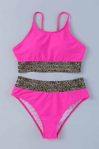 Black Rose Leopard Mesh Trim 2pcs Bikini Swimsuit