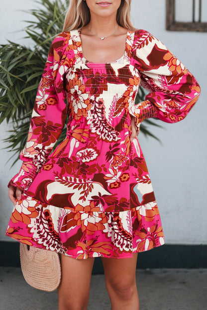 Rose Floral Print Smocked Square Neck Bubble Sleeve Dress