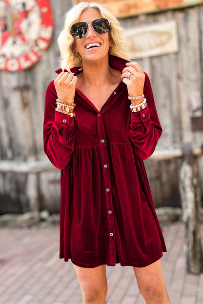 Fiery Red Long Sleeve Ruffle Velvet Button Up Dress