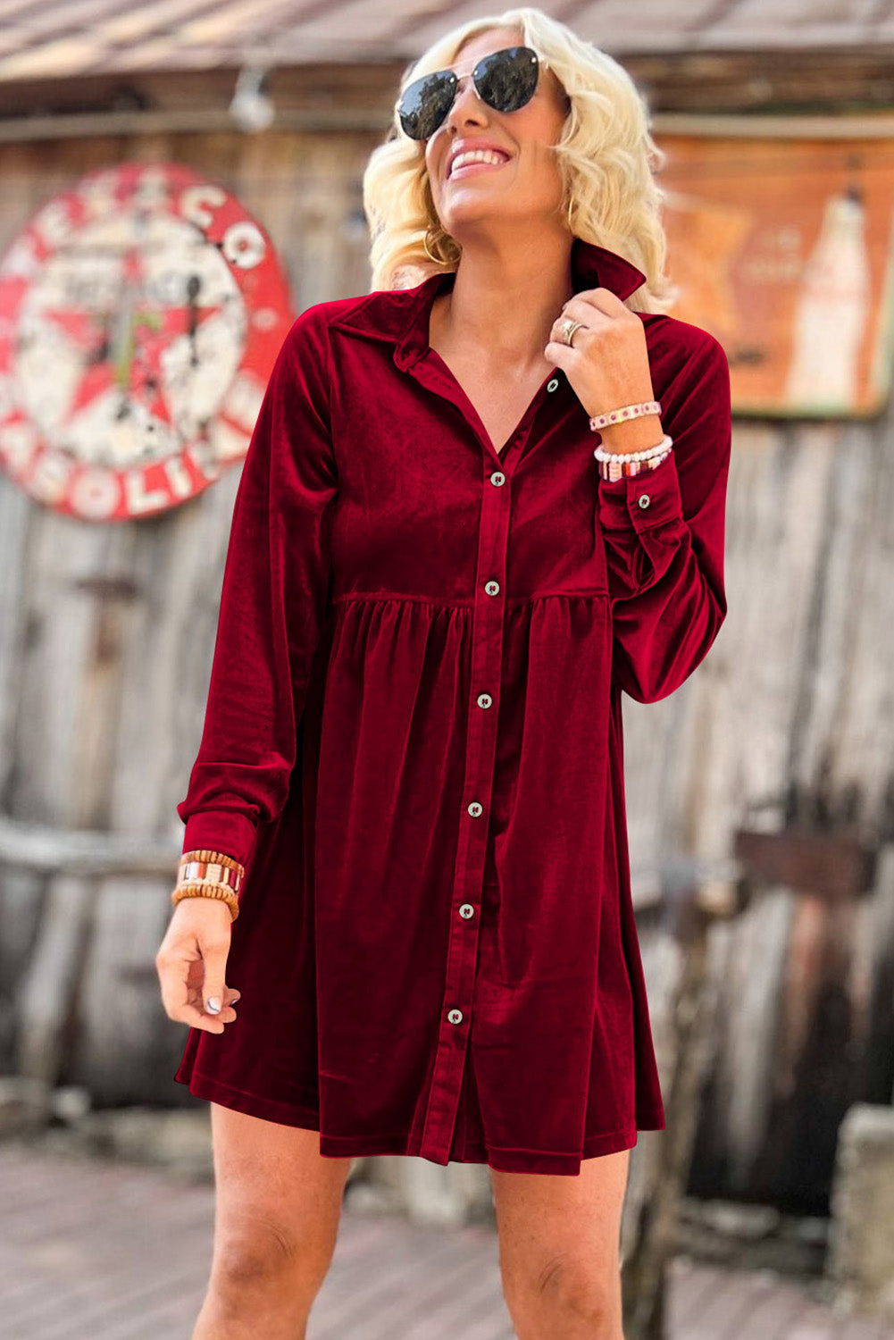 Fiery Red Long Sleeve Ruffle Velvet Button Up Dress