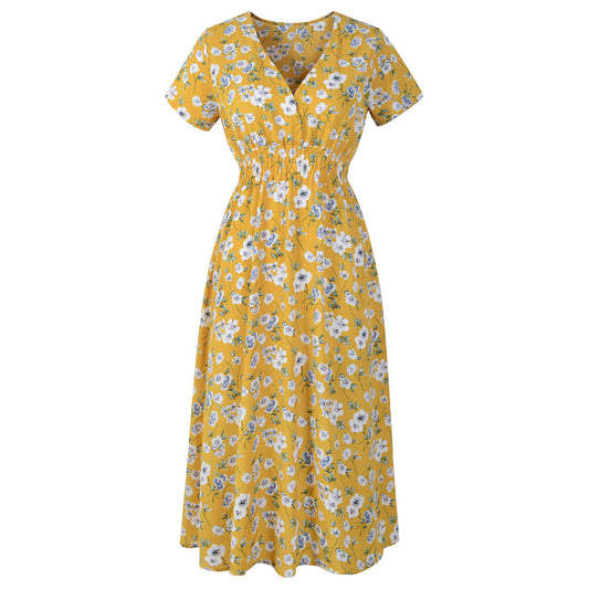 Spring Summer Chiffon Beach Dress Printed V neck Short Sleeve Dress Bohemian Dress