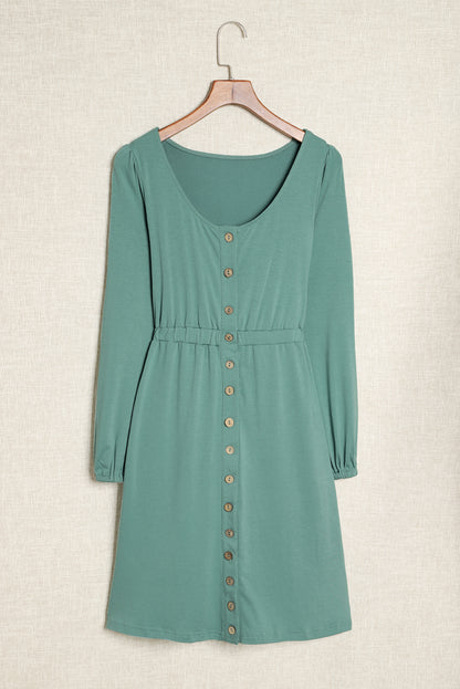 Khaki Button Up High Waist Long Sleeve Dress