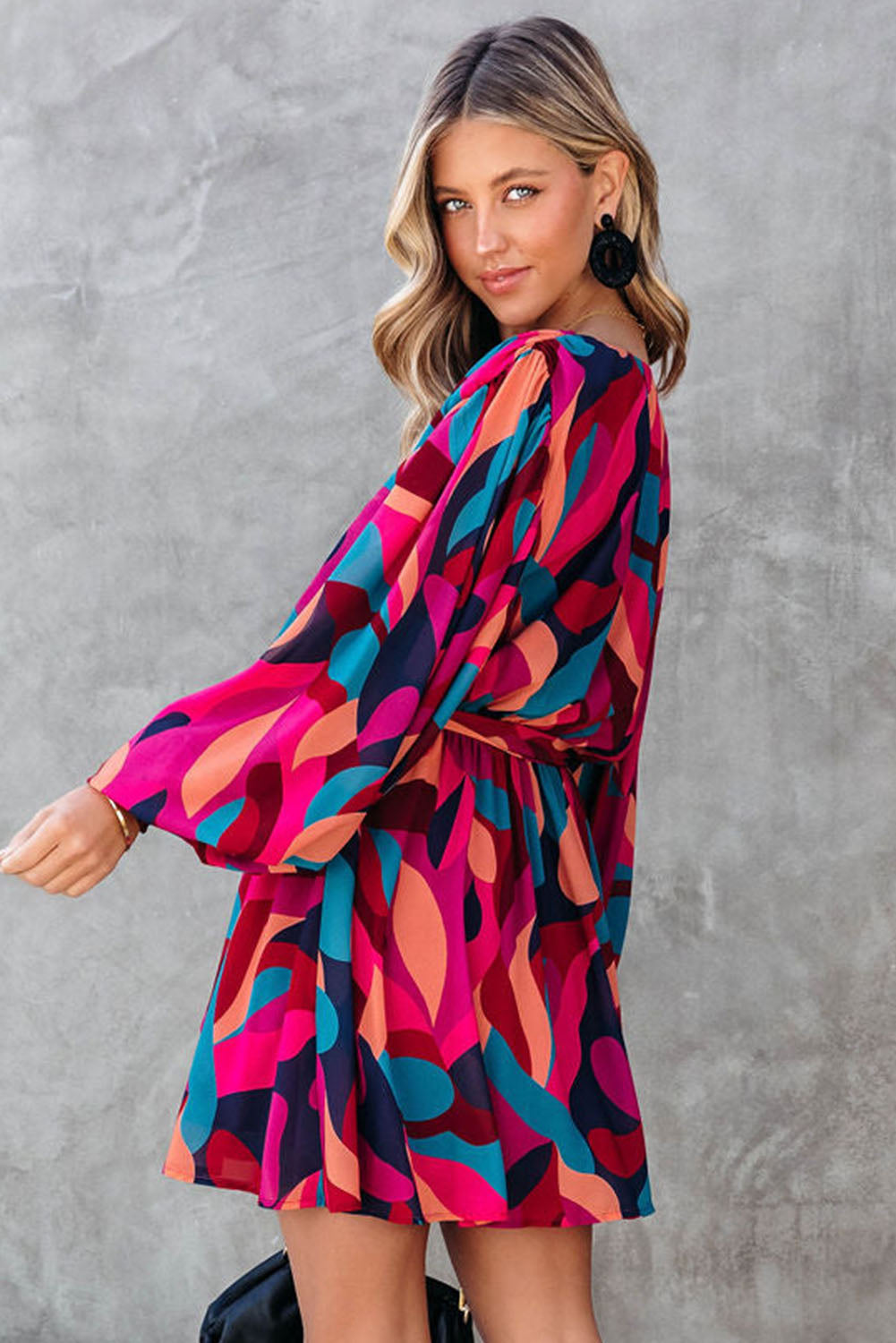 Multicolor Abstract Printed Belted Puff Sleeve Mini Dress