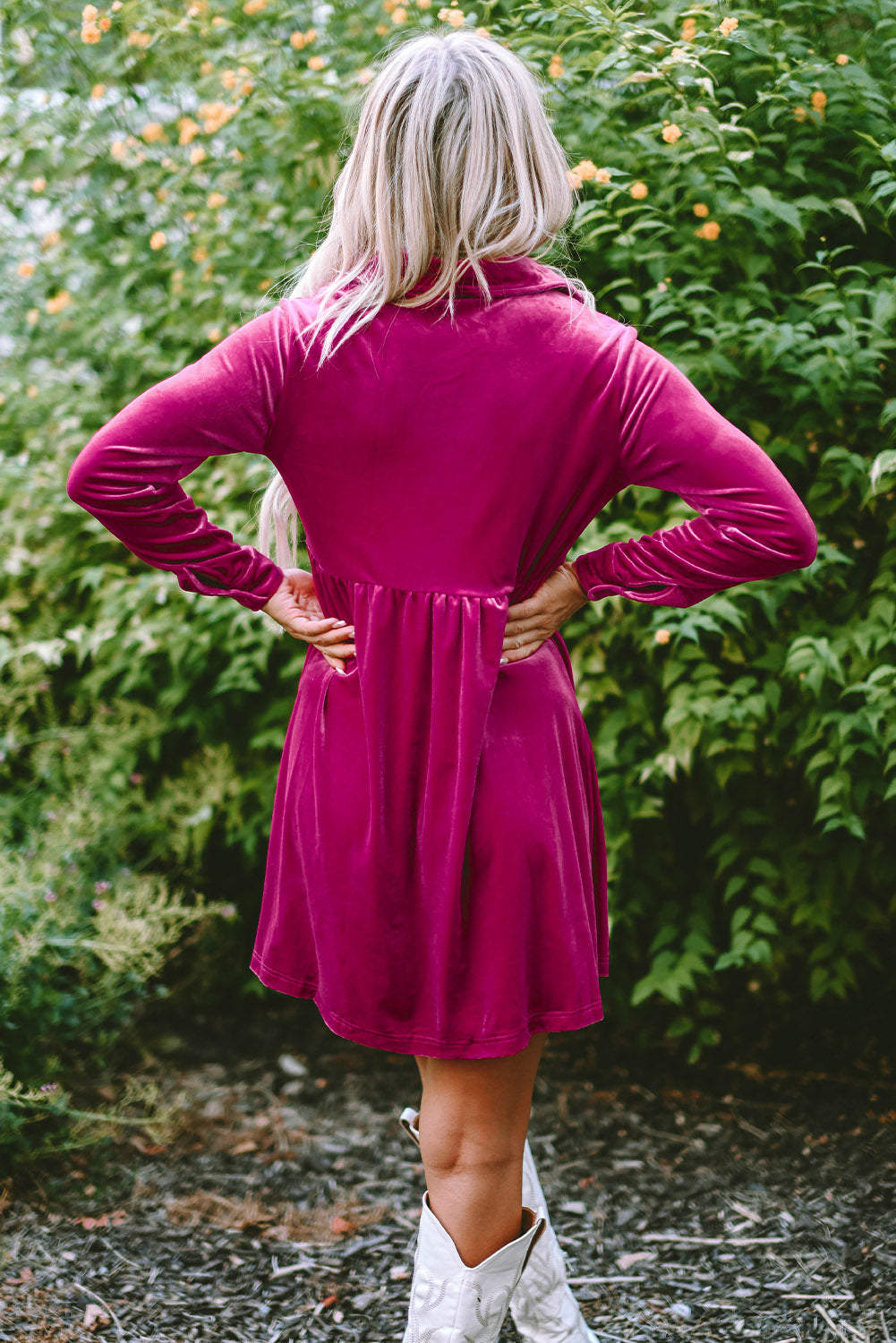 Fiery Red Long Sleeve Ruffle Velvet Button Up Dress