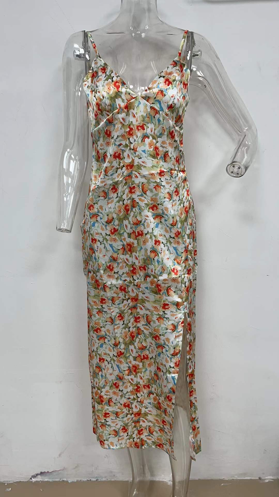 Spring Summer Small Floral Print Vestidos Slit Hemline at Hem Mid-Length Strap Estampado Floral Dress