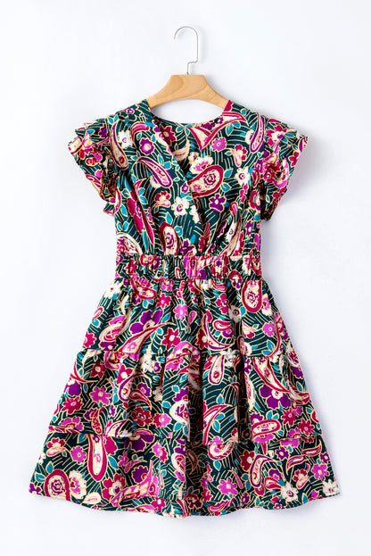 Green Paisley Print Flutter Sleeve Tiered Ruffle Dress