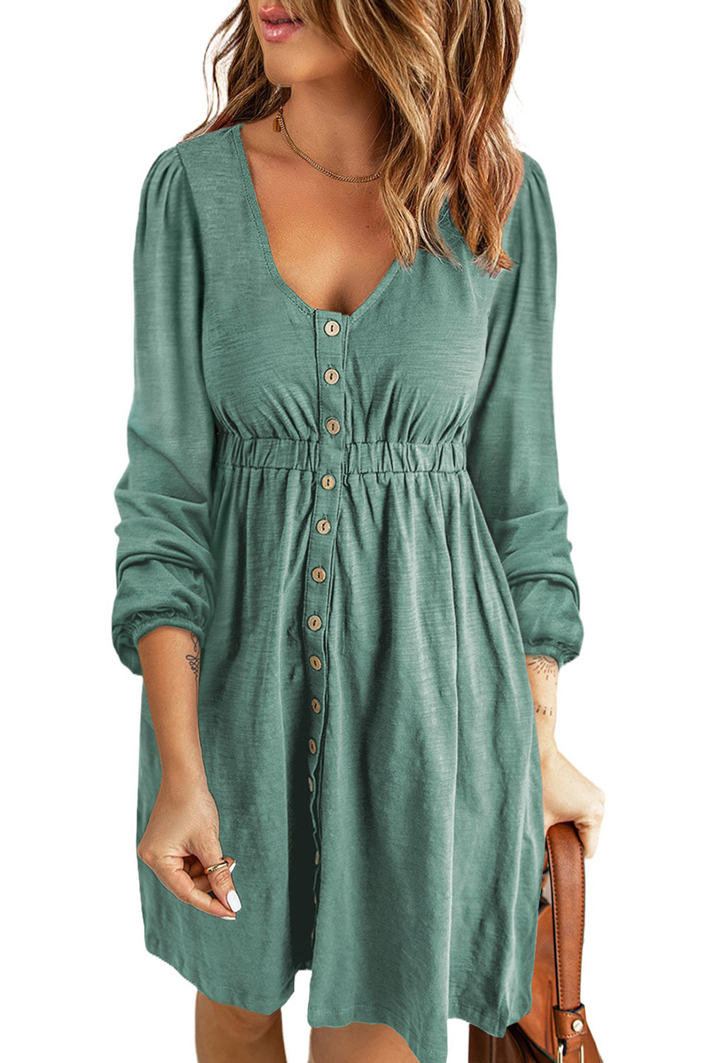 Khaki Button Up High Waist Long Sleeve Dress