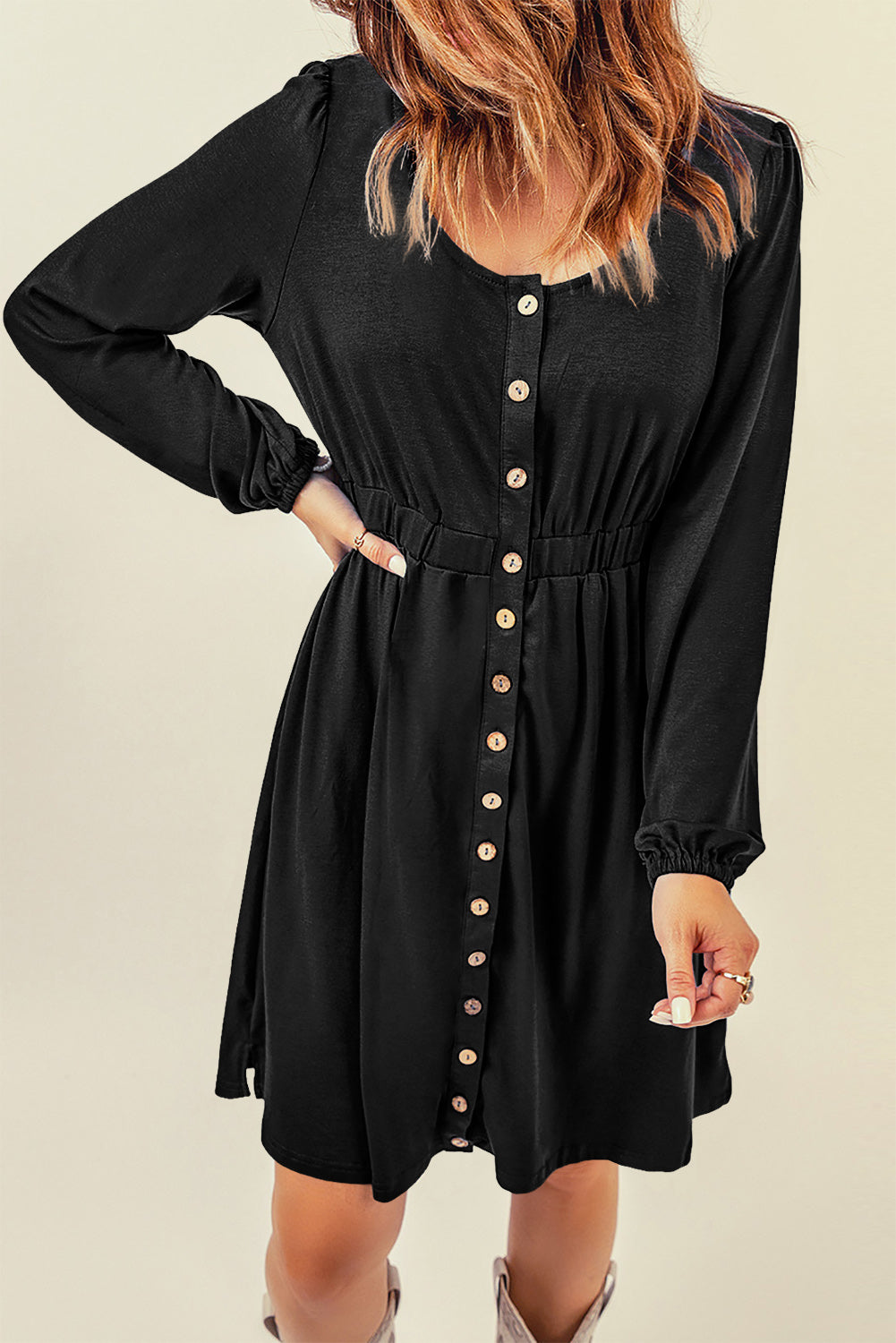 Khaki Button Up High Waist Long Sleeve Dress