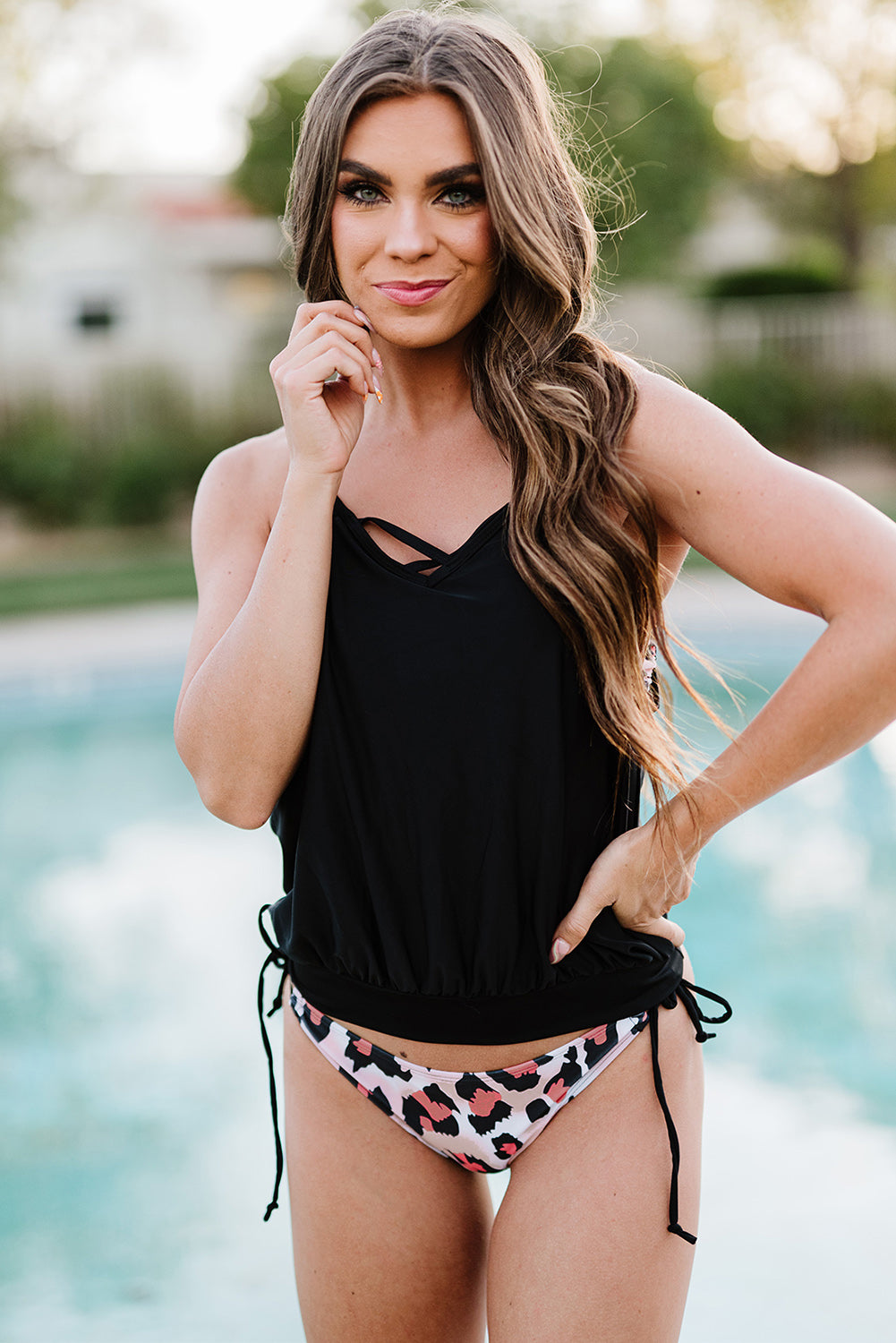 Light Blue Tankini with Stripes Patchwork