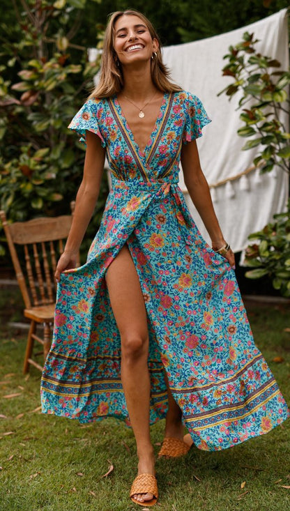 Women Chiffon Printed Pleating Large Swing V-neck Short Sleeve Casual Beach Dress