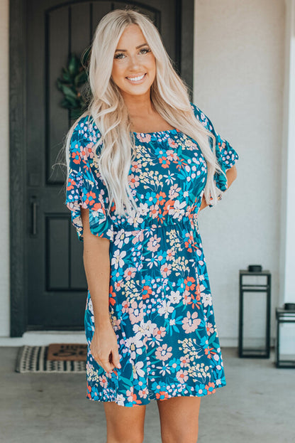 Blue Square Neck Ruffle Floral Dress