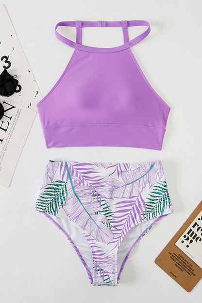 Purple Solid Strappy Halter Bikini Printed High Waist Swimsuit