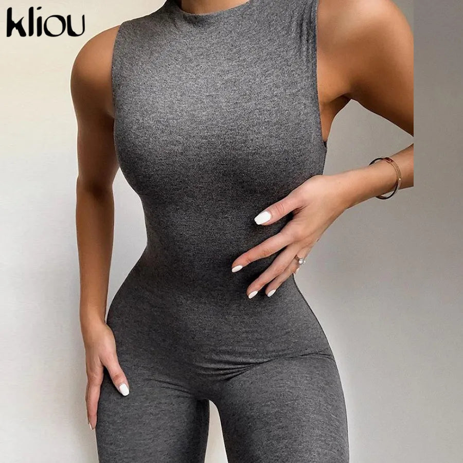 Kliou Zipper Rompers Women Summer Clothes Playsuits Sleeveless O-neck Solid Casual Body-Shaping Elastic Fitness Sporty Outfit